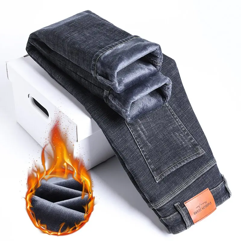 Celana Jeans Pria Berkualitas Tinggi, Model Lurus, Elastis, Warna Solid Modis Musim Dingin, Berbahan Fleece Tebal dan Hangat, Cocok untuk Olahraga Kasual