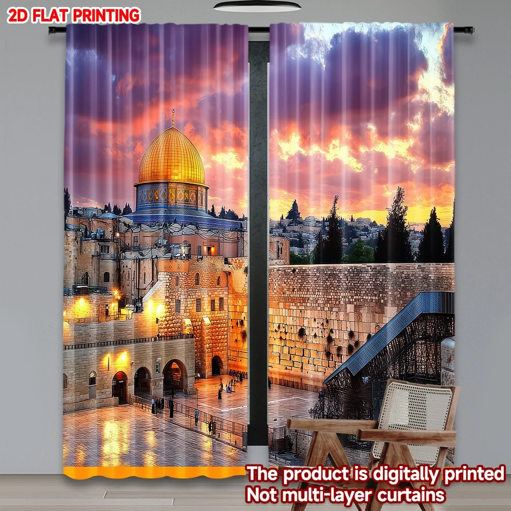 

2D flat printing 2pcs Curtains Jerusalem Sunset Skyline Digital Printed Polyester Drapes Festive Wall Decor Perfect for Booths