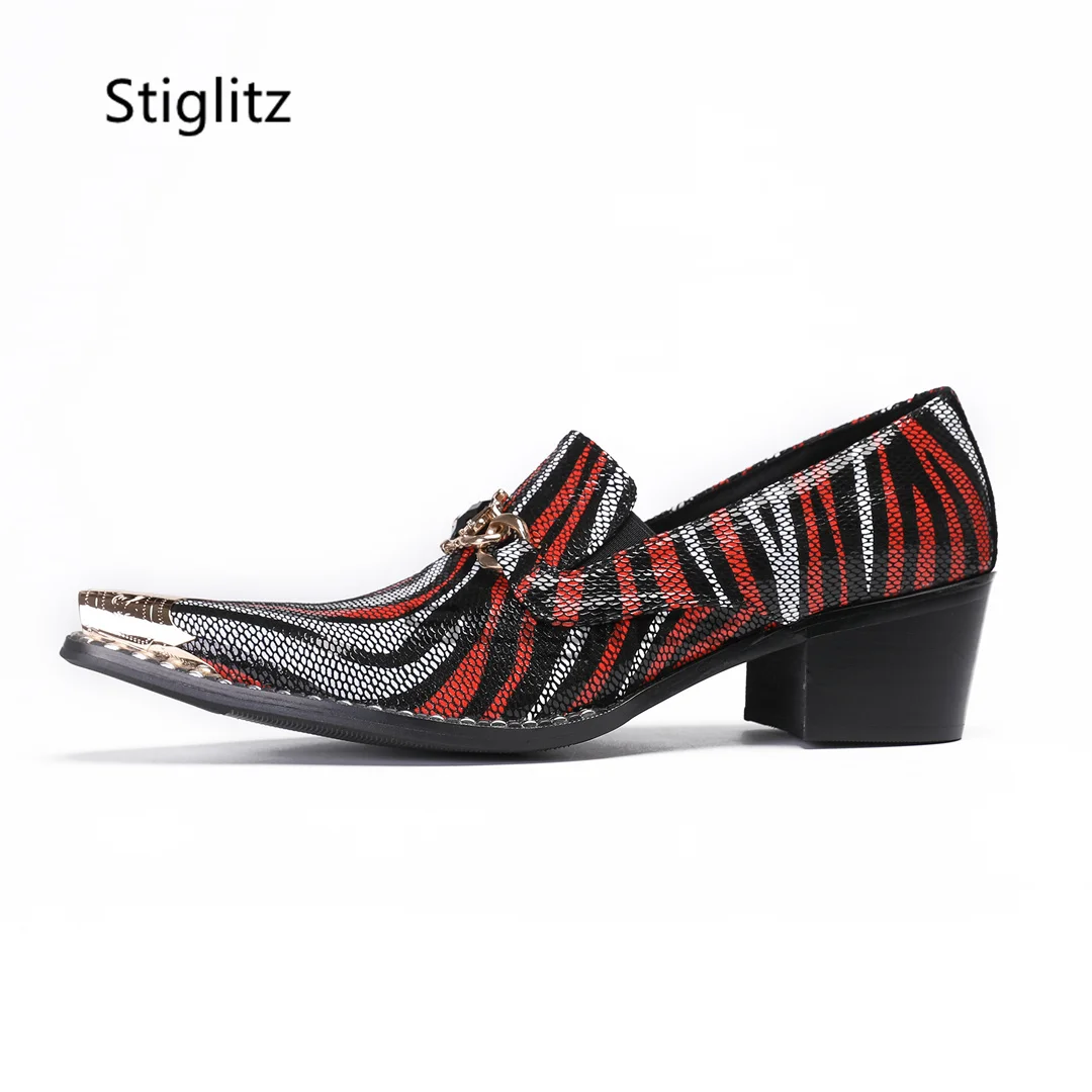 

Mixed Colors Stripe High Heels Men's Shoes Genuine Leather Gem Buckle Dress Shoes Metal Toe Slip On Party Wedding Social Shoes