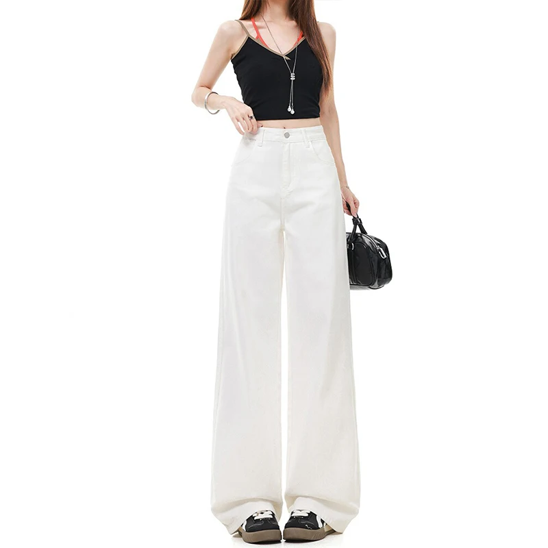 

High Waist Wide Leg Denim Jeans Women's Non-Lightweight Drapey Straight Floor-Length Pants for Pear Shaped Body Casual Style