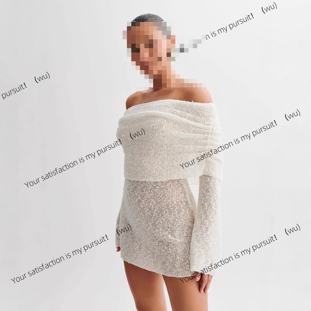 ヨーロッパとアメリカの女性向けニットウェア、ショートビーチスカート、セクシーな透け感のある長袖ショルダードレス