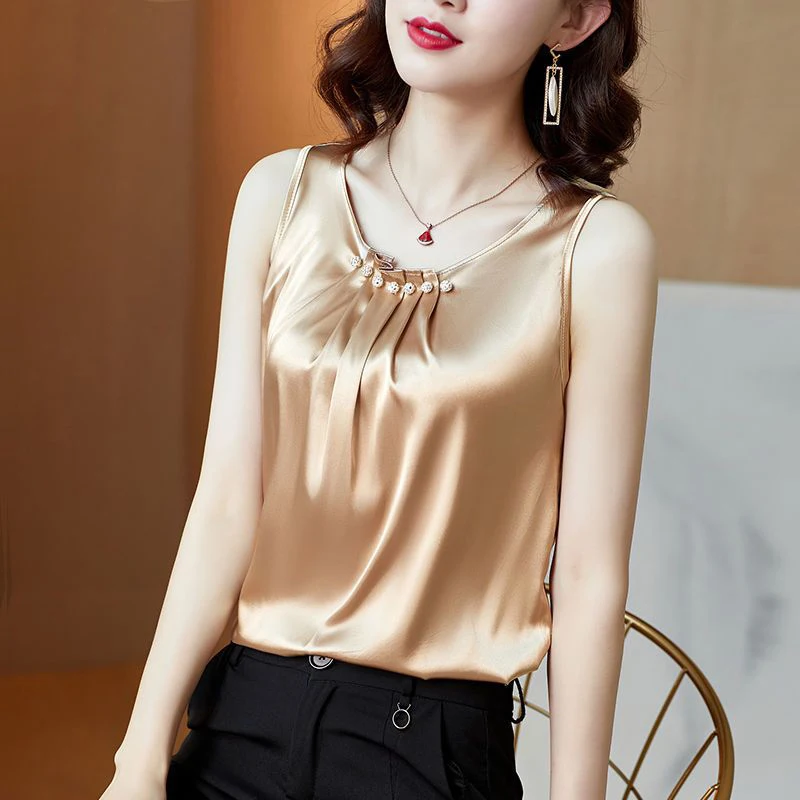 Beading Vest Sleeveless O-neck Pleated Loose Top French Office Lady T-shirt Elegant Female Blous Women Clothes Thin Summer Solid