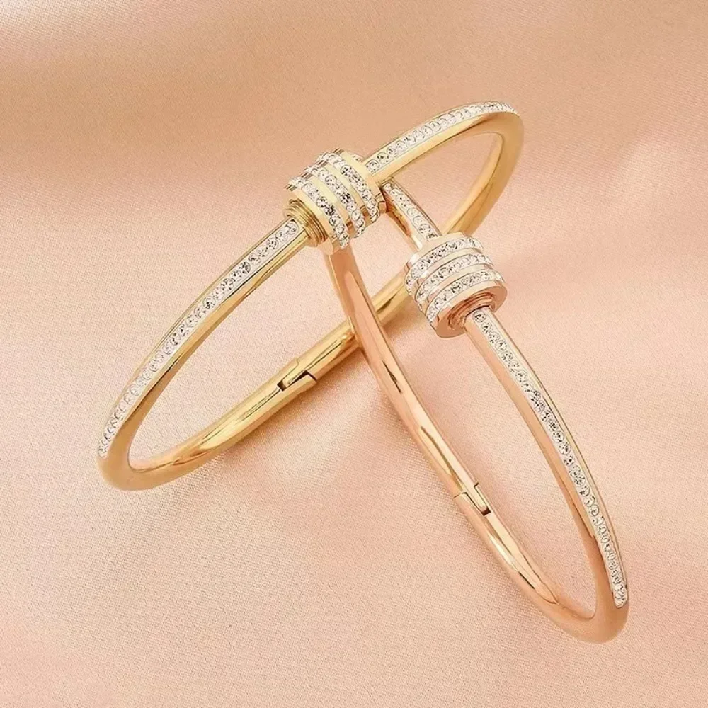 Luxury Stainless Steel Zircon Wide Bracelet for Women New Korea Fashion Wedding Bride Bangle Jewelry Accessory Gift Colorfast