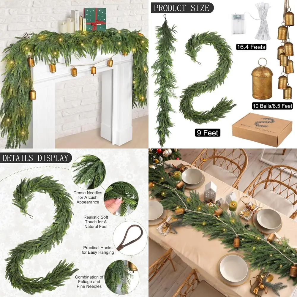 

Artificial Christmas Garlands with Lights and Bells - Real Touch Norfork Pine Greenery for Festive Decor