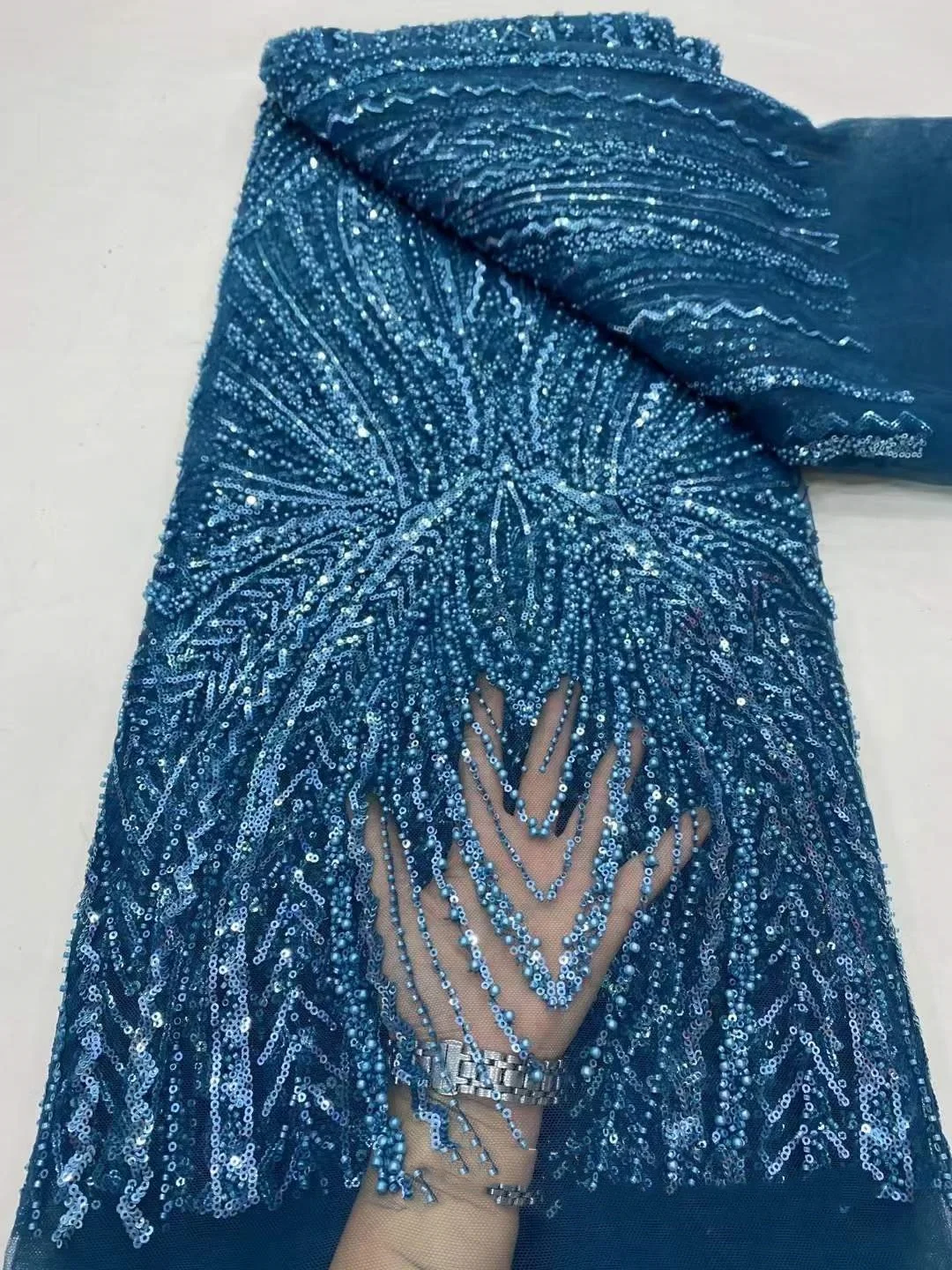 

8 Colors Luxury Bridal Lace Embroidered Beading Sequin Pearls Embellishment Fabric DIY Evening Dress Decoration Material