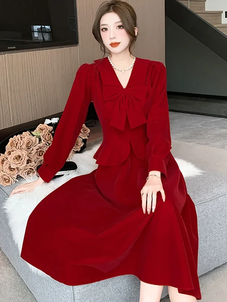2025 coreano vintage vestidos de noite feminino veludo vermelho chique babados elegante vestido longo arco colarinho vestido de luxo para casamento feminino