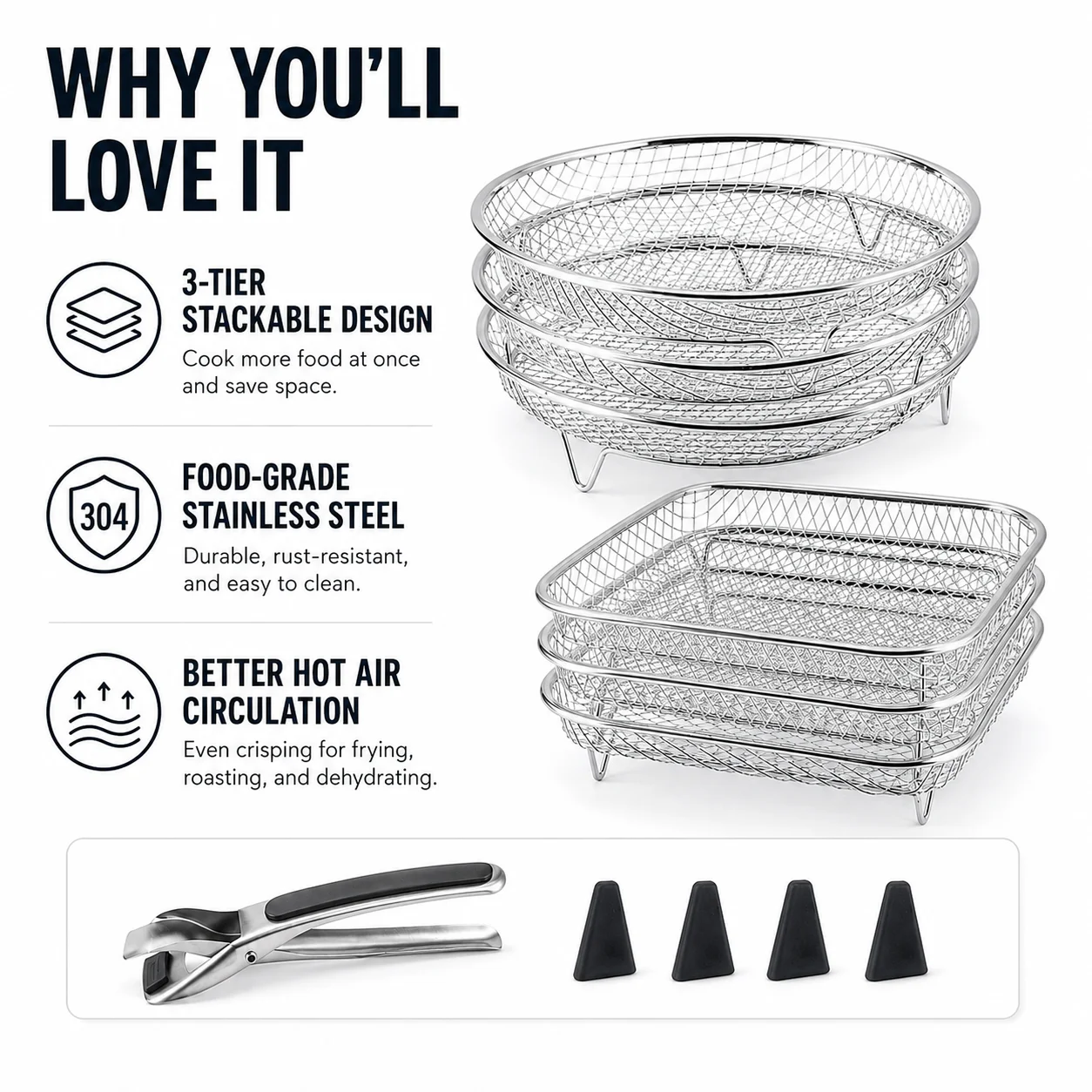 3 Tier Stackable Air Fryer Rack Set Stainless Steel Dehydrator Stand Grill For Fruit Meat Drying Kitchen Cooking Accessories