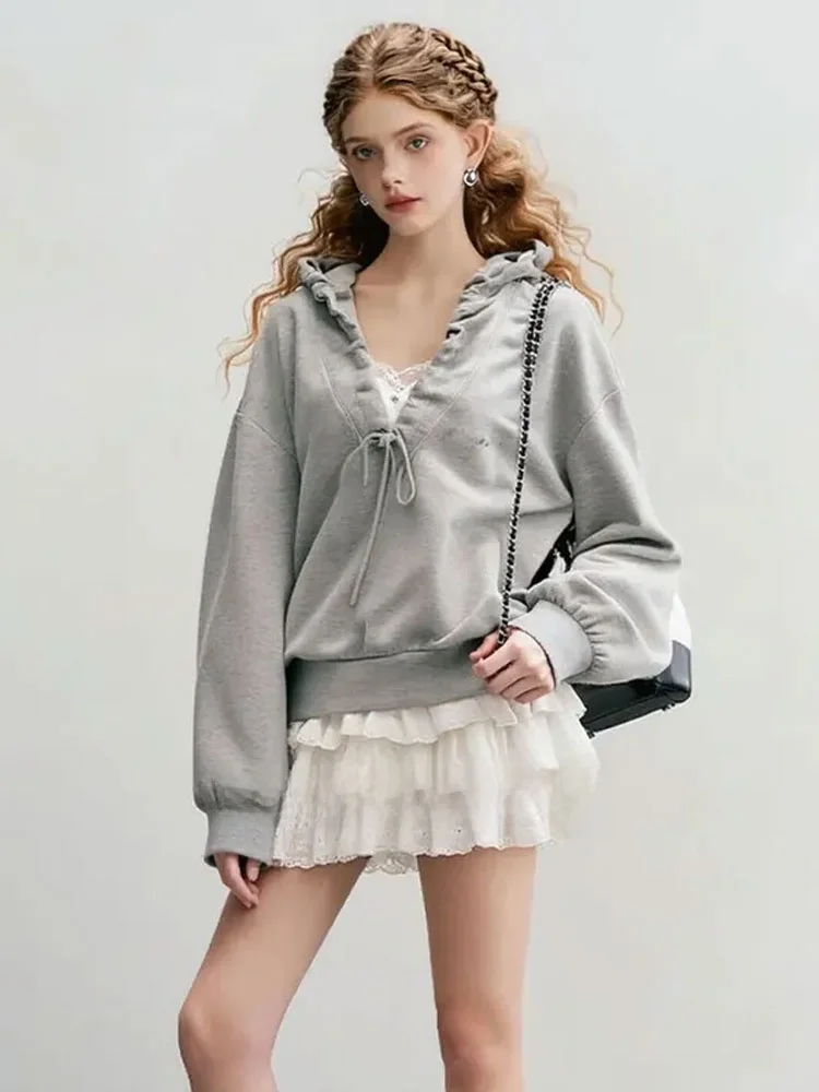 

Толстовка с капюшоном и поясом свободного кроя ZhuoZhi 2025: Новинка осени, удобная повседневная одежда