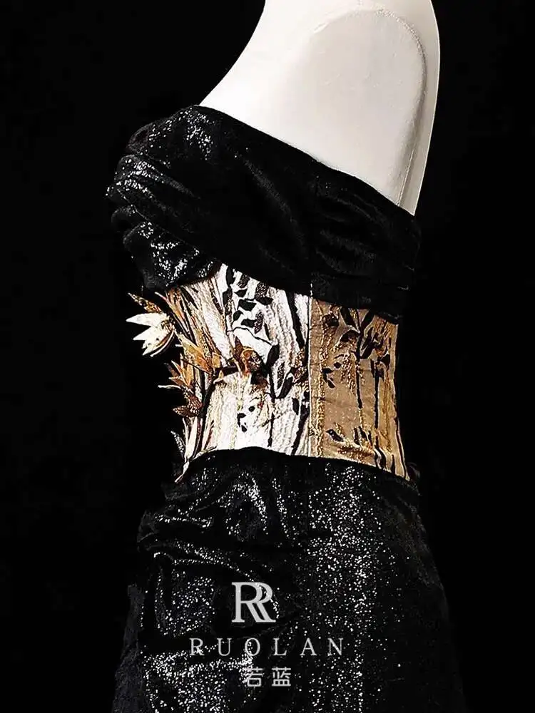 Off-Shoulder Evening Dress 2025 New High-End Luxury Niche Host Black Dress for Women Toast Dress Bride