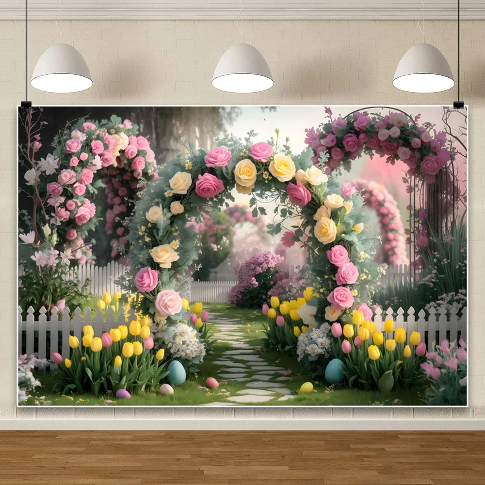 Fondo fotográfico de primavera con huevos de colores para estudio fotográfico, telón de fondo con ventana, pared de flores, arcos de jardín, pradera, vid