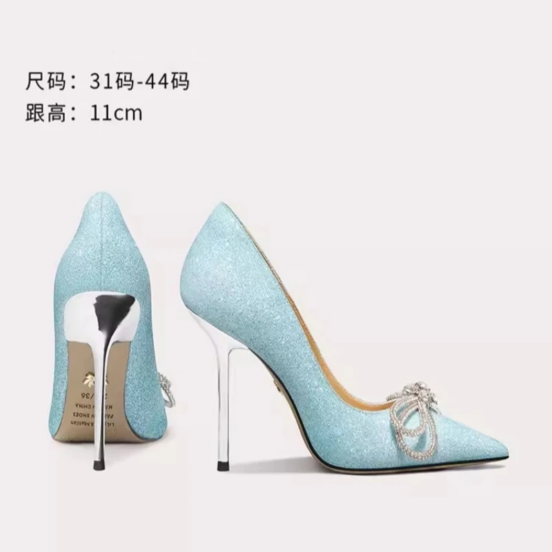 Spring New Polaries Light Diamond Diamond Blies Sequenant Single Shoes Fine Heel Banquet Dress Large Small size Women's Shoes