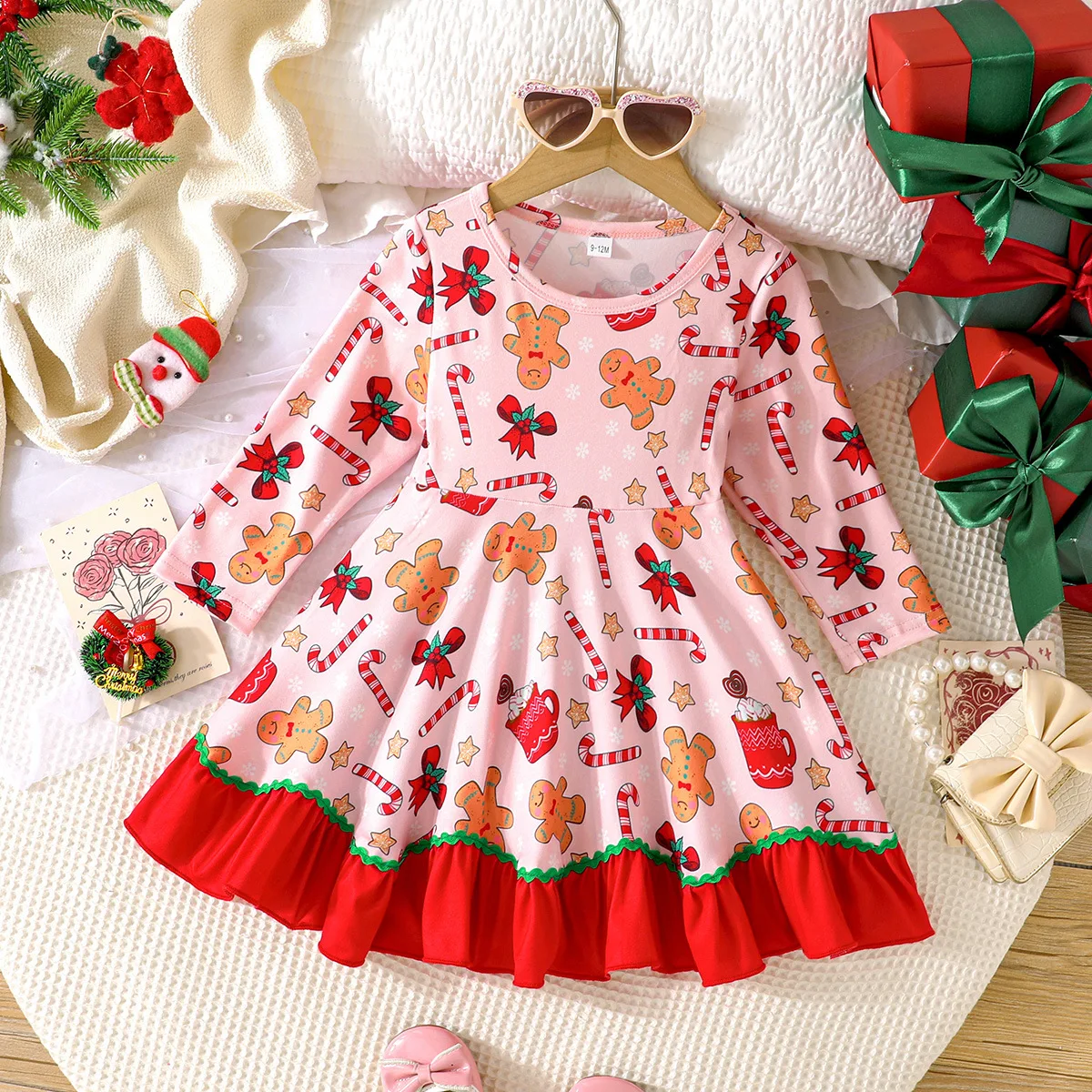

Christmas Baby Girl Clothes Cute Gingerbread Man Candy Cane Print Long Sleeve Ruffled Hem Dress Spring Autumn New Clothing