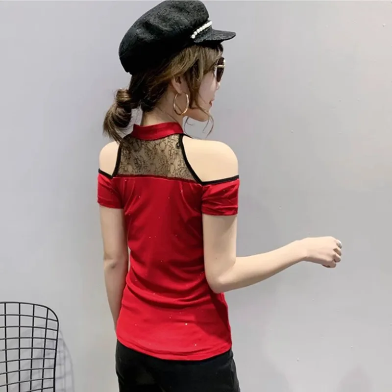 High Quality Summer Short Sleeved Women's T-Shirt Fashion Sexy Hollow Out Off Shoulder Female Slim Tees Chic Diamonds Button Top