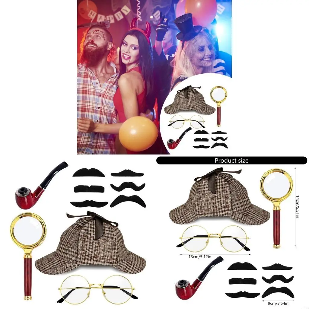 

68UA Detective Costume Accessories Adult Teen Detective Hat Glass Beard