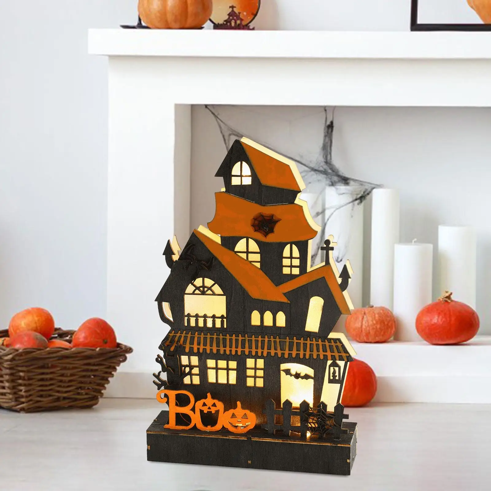 Halloween Wooden House Statue Spooky Ghost House Props Collectible Building Shelf Fireplace Scary Tabletop Decoration Luminous