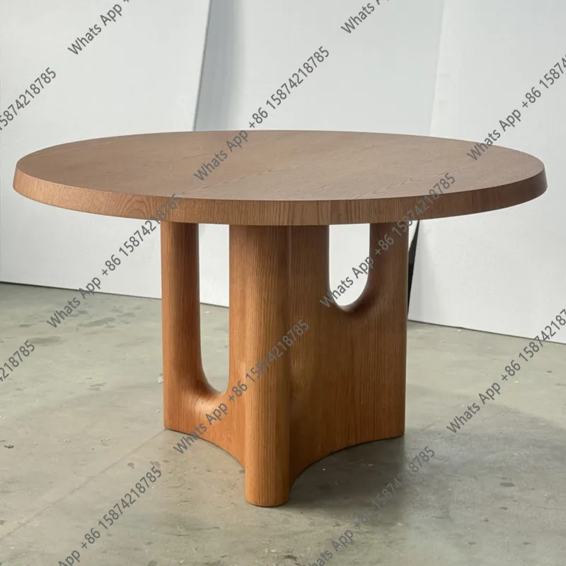 

Medieval retro solid wood creative round designer dining table household art small apartment carved round table