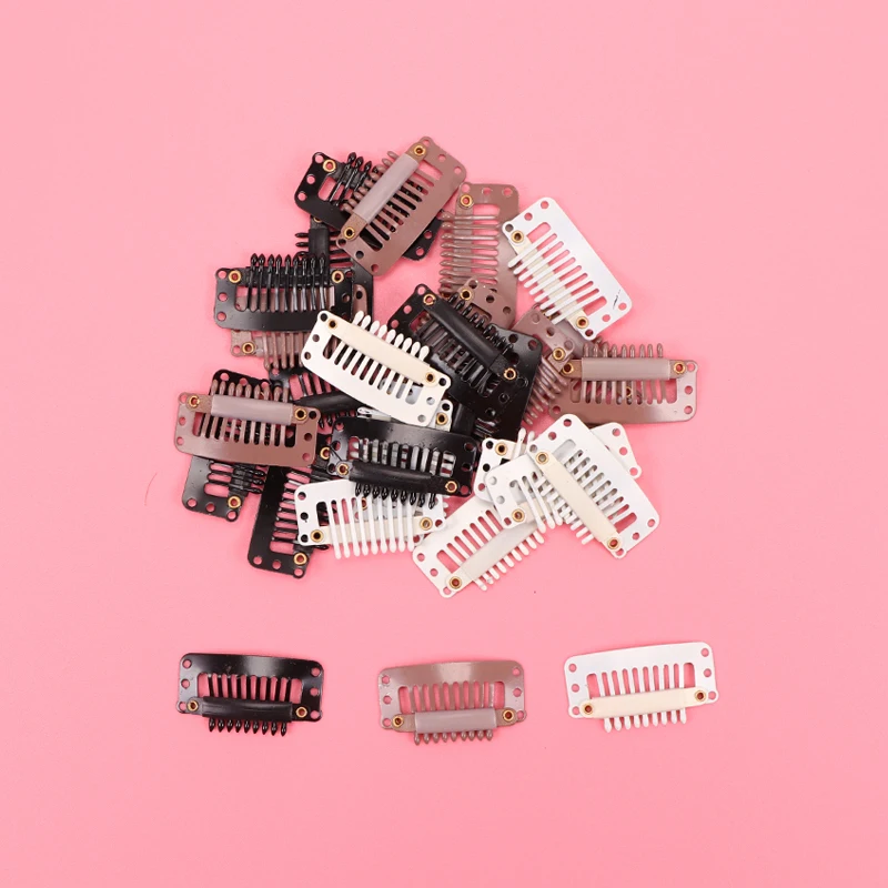 10Pcs 32Mm Hair Clips U-Shape Metal Clips For Hair Extensions 9-Teeth Wig Clip For Women Wig Accessories Black Brown Beige