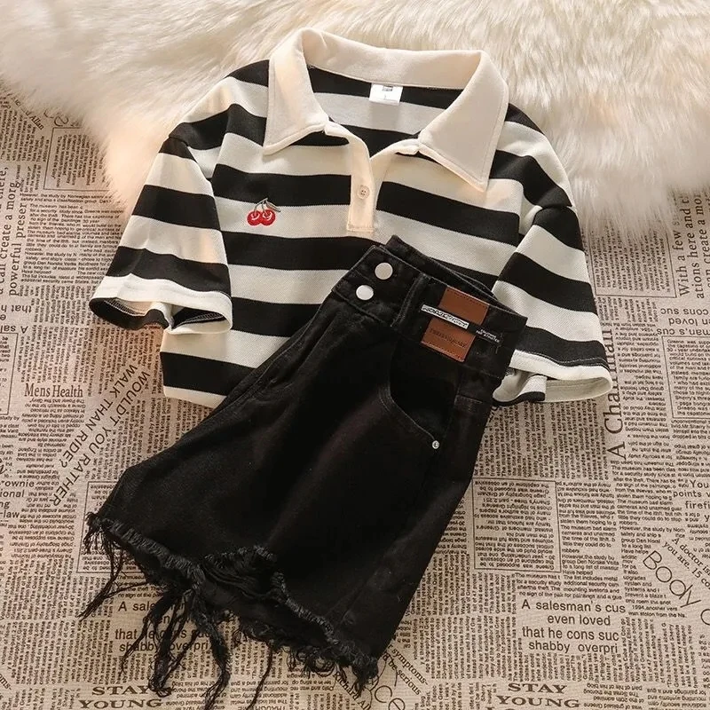 Women Summer Stripe Polo Shirts Short Pants 1 or Two Piece Sets Japan Korean Student Casaul Strawberry Tops Black Jeans Outfits