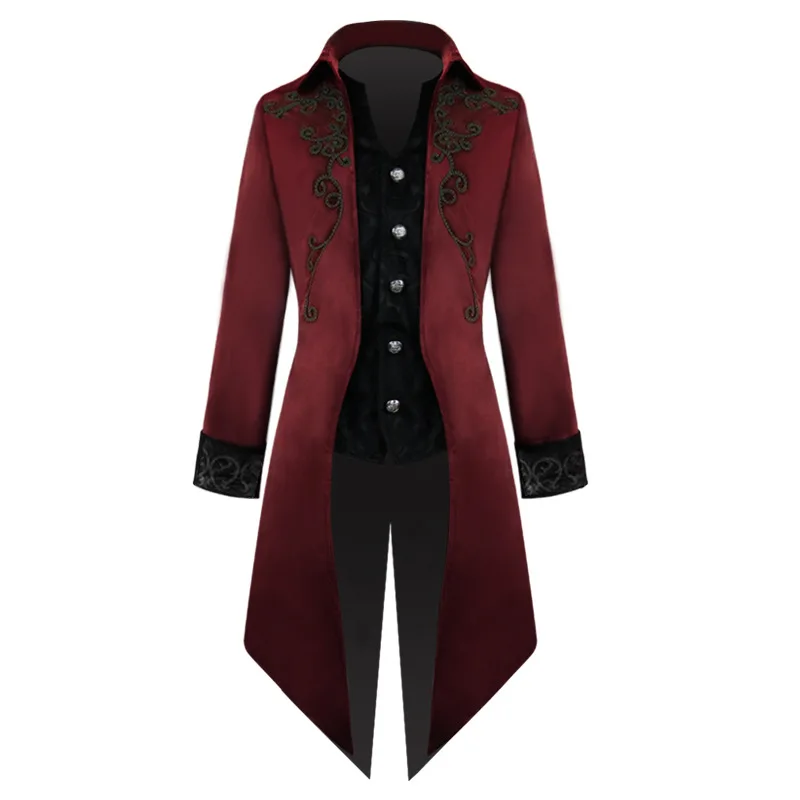 Men Steampunk Medieval Vintage Burgundy Red Tailcoat Jacket Renaissance Vampire Gothic Victorian Frock Coat Halloween Costume