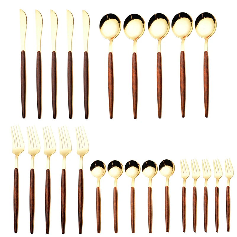 20 PCS  Imitation Wood Handle Cutlery Set Western Stainless Steel Tableware Set  Kitchen Knife Fork Spoon Dinnerware Sets