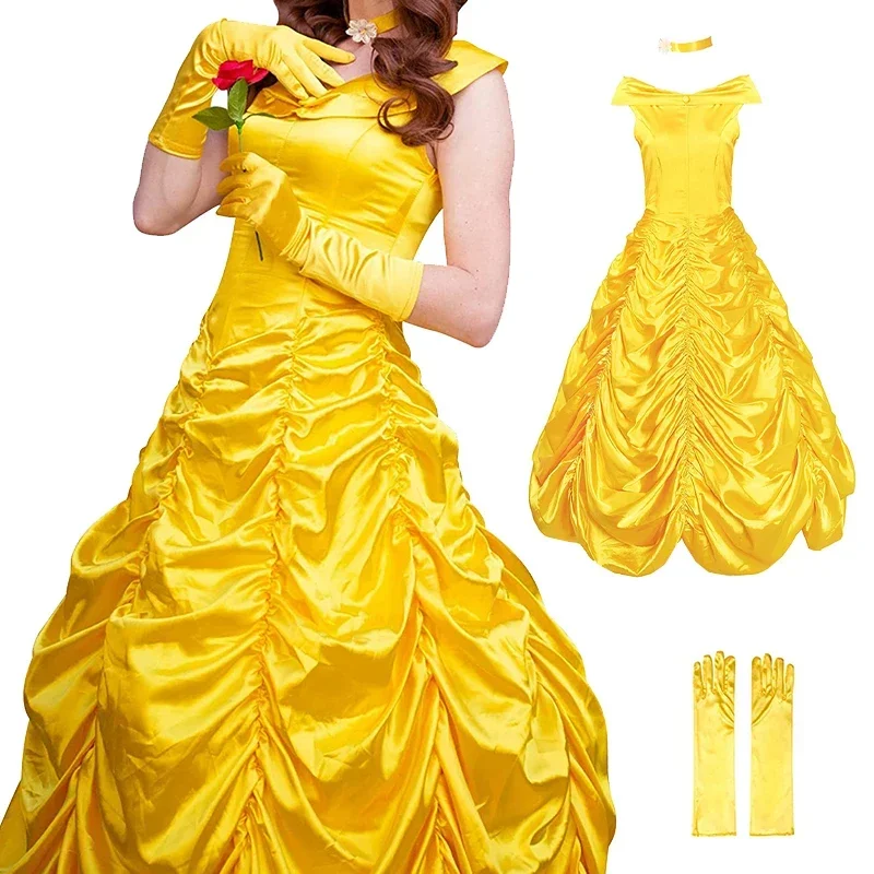 Belle Costume Women Beauty and The Beast Cosplay Costume Belle Princess Dress Palace Prom Yellow Dress Adult Halloween Clothes