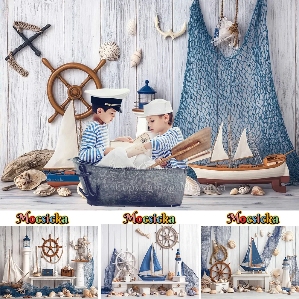 Fondo con tema de cumpleaños náutico Mocsicka para fotografía de niño, faro de velero azul y blanco, telón de fondo de madera para estudio fotográfico de niños