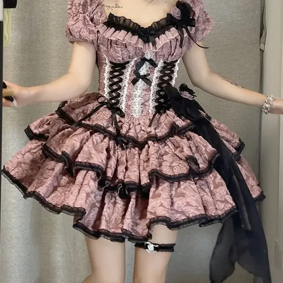 MAGOGO Gothic Lolita OP sukienka damska wiktoriańska Retro elegancka kwiatowa marszczona koronkowa bandażowa Mini sukienka Halloween dziewczyna urocza sukienka