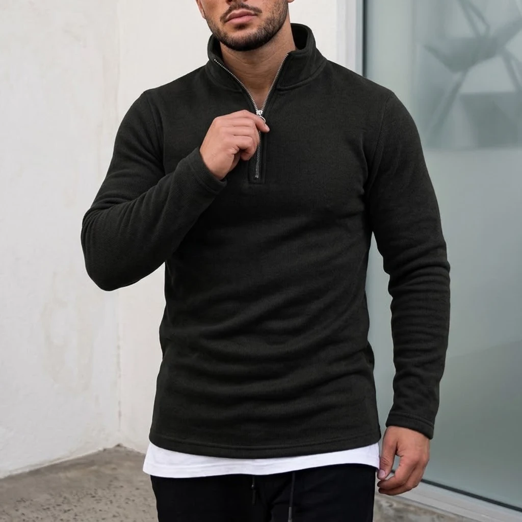 Men's Zip Knit Pullover Sport Sweatshirts Casual Long Sleeve Winter Warm Fleece Jacket Coat Stand Collar Hiking Clothing for Men