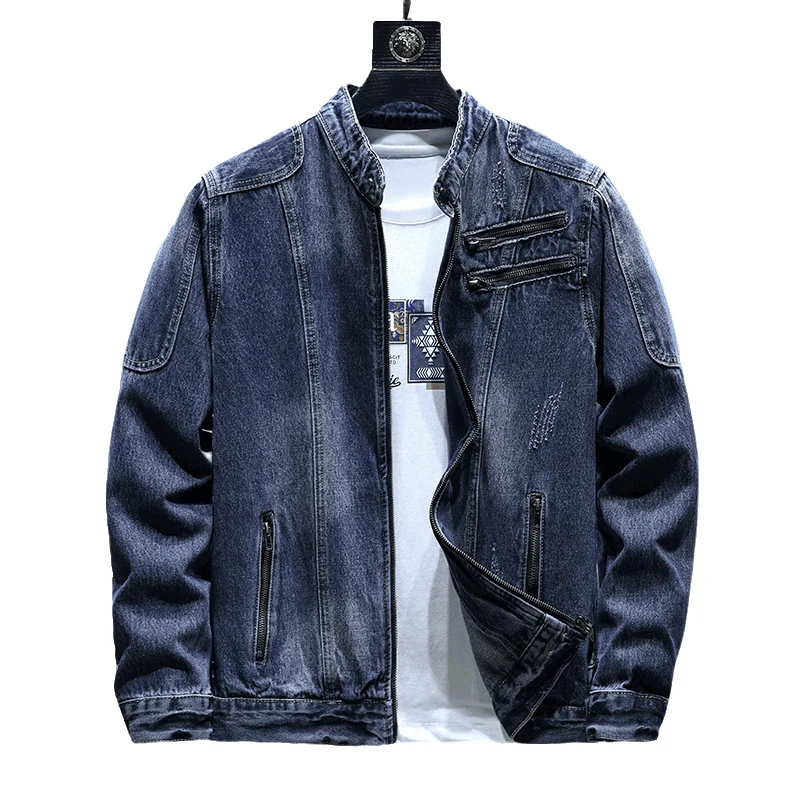 

Motorcycle Denim Coat Men's Autumn Trendy Slim Stand Collar Zipper Pocket Design Casual Retro Washed Handsome Casual Clothes