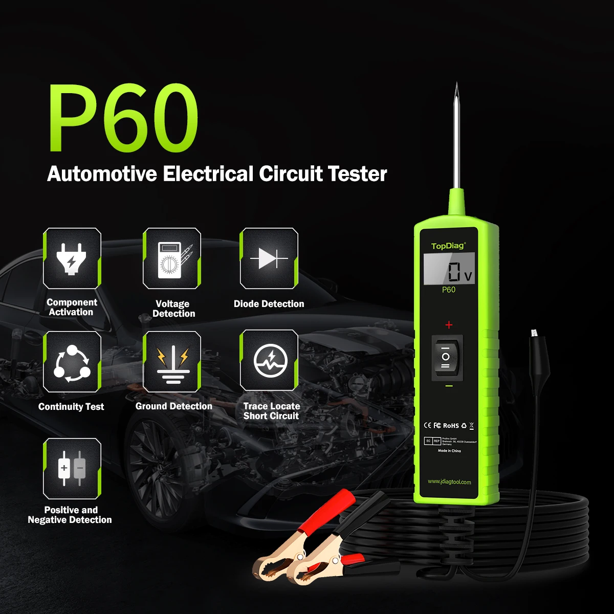 P60 Automotive Circuit Tester Car Electrical System Short Tester 6-30V DC LCD Flashlight Component Activation/Continuity Testing