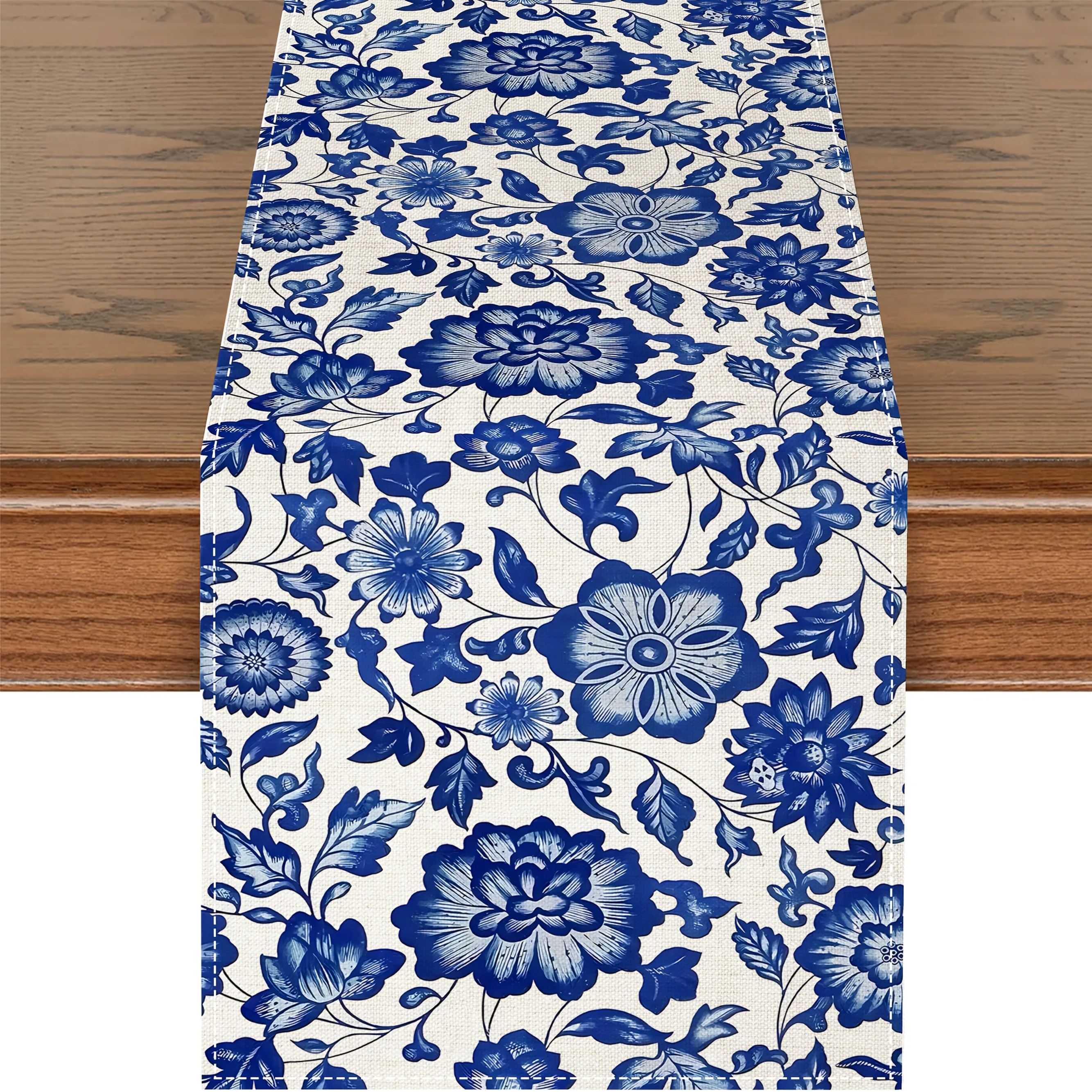 Blauer floraler Leinen-Tischläufer – quadratische Form, elegante Frühlings- und Sommerdekoration für das Essen in der Küche, Tischdekoration für Zuhause, Party