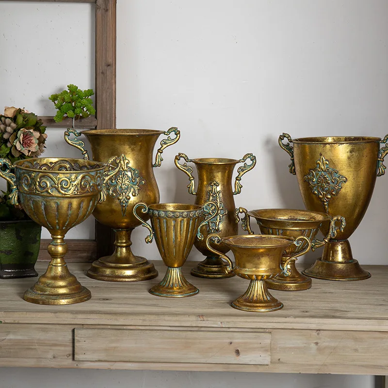 Vintage Golden Iron Flower Pots European Classical Goblet Flowerpot Garden Pots and Planters Groot Vases Home Gardening Decor