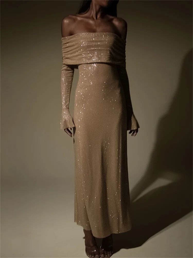 Vestido largo con hombros descubiertos para mujer, elegante, sedoso, impresionante, manga larga, cuello oblicuo, ceñido recto, ropa de noche femenina