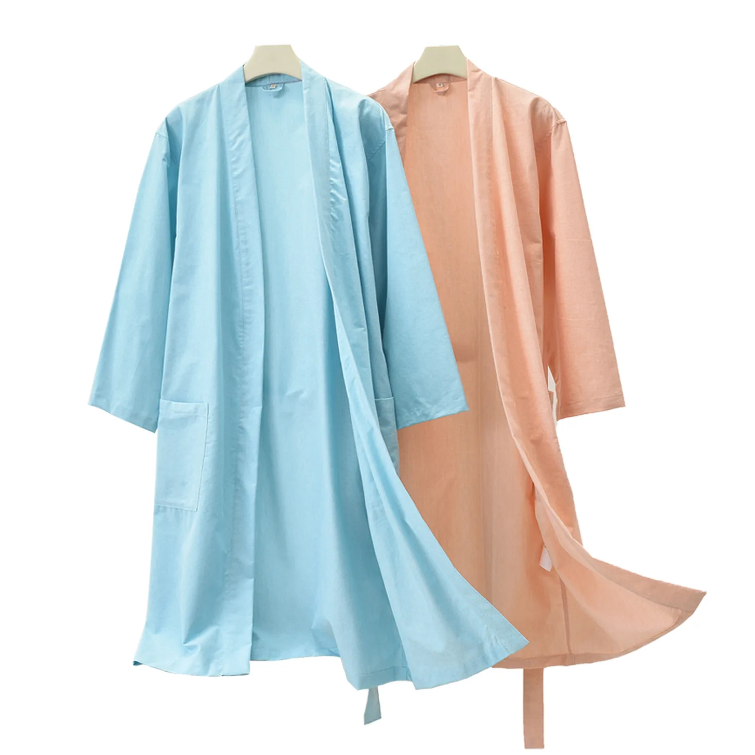 2025 New 100% Cotton Bathrobe Kimono Dressing Gown With Pocket Men And Women Sleepwear Nightwear Solid Color Hotel SPA Robe