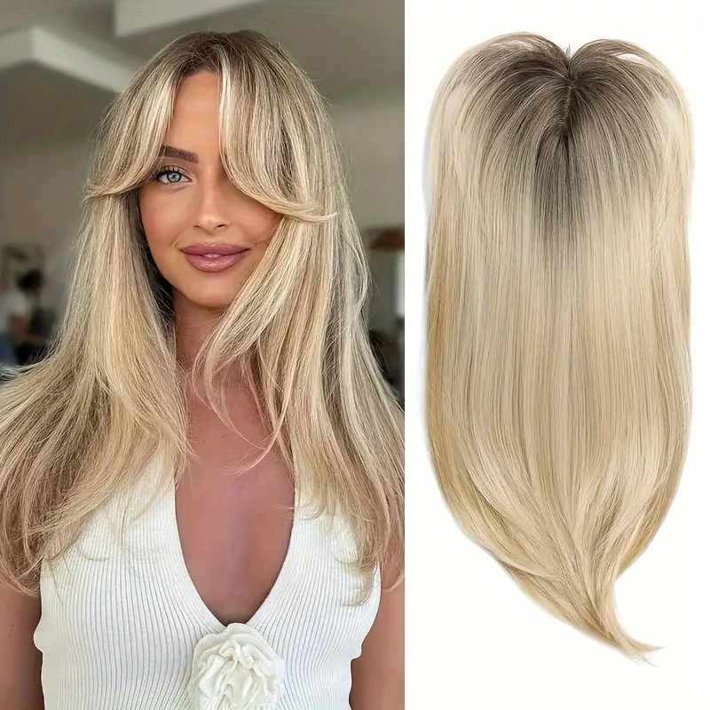 dark-root-ombre-blonde-synthetic-hair-topper-for-women-curtain-bangs-long-waves-breathable-natural-hairpiece-adds-hair-volume