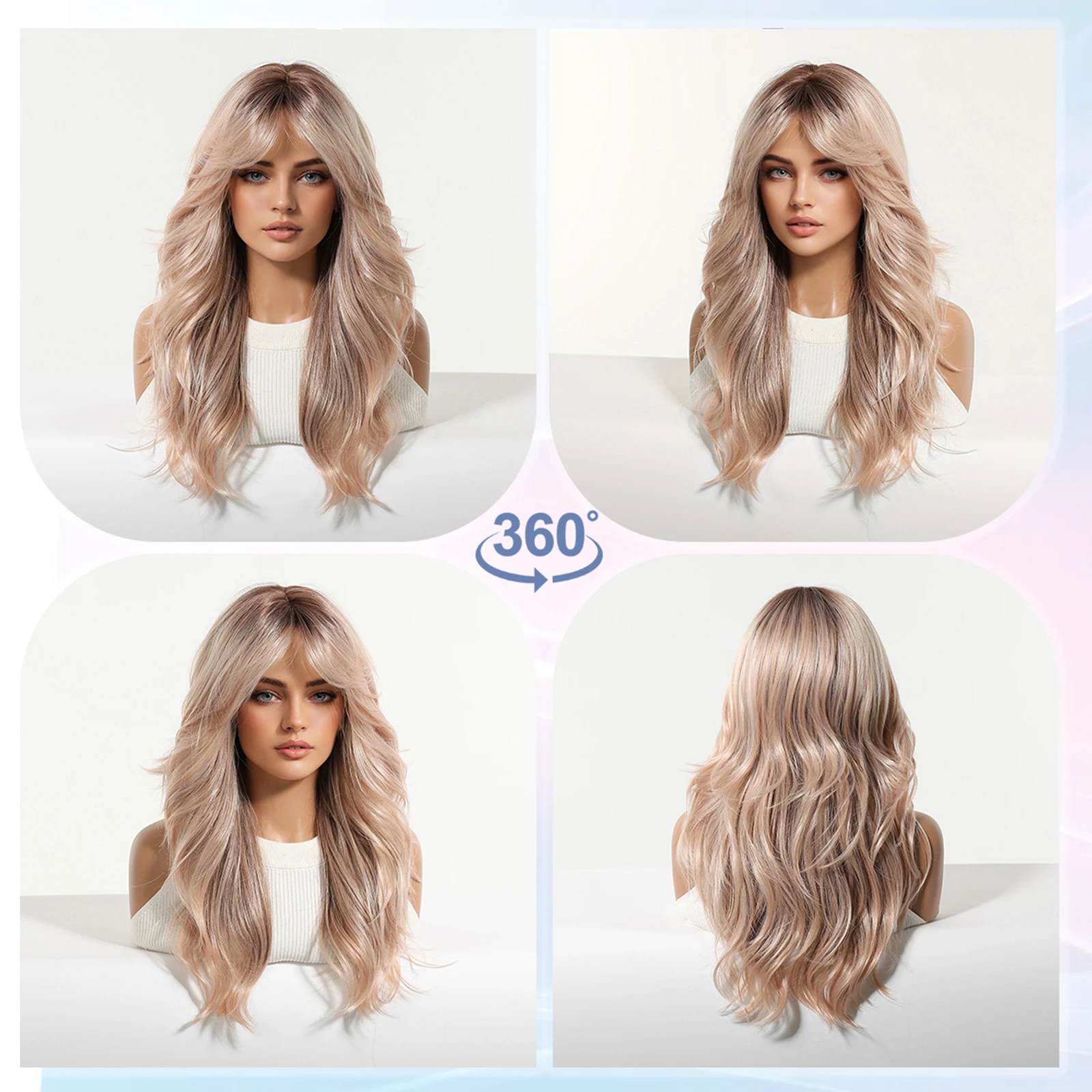 LOUIS FERRE Premium Light Blonde Long Wavy Wig with Bangs for Women Natural Looking Dark Roots Heat Resistant Synthetic Hair