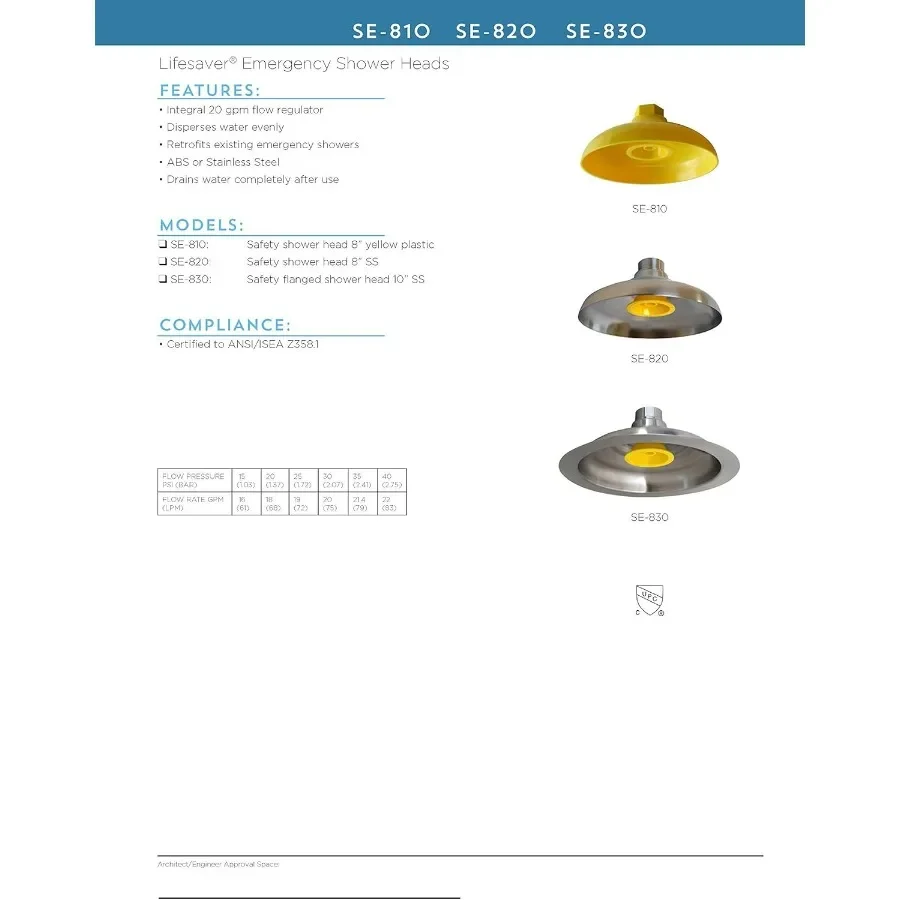 SE820 Vida útil de 8 pol. Cabeça de chuveiro de segurança em aço inoxidável para uso em emergências em configurações industriais e de laboratório Stainl durável