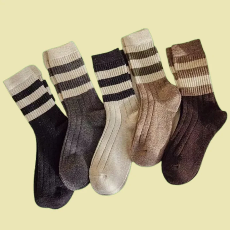 

5/10 Pairs Striped Forest Style Pile Socks Retro Japanese Style Thickened Socks With Shark Pants Women's Mid-tube Socks