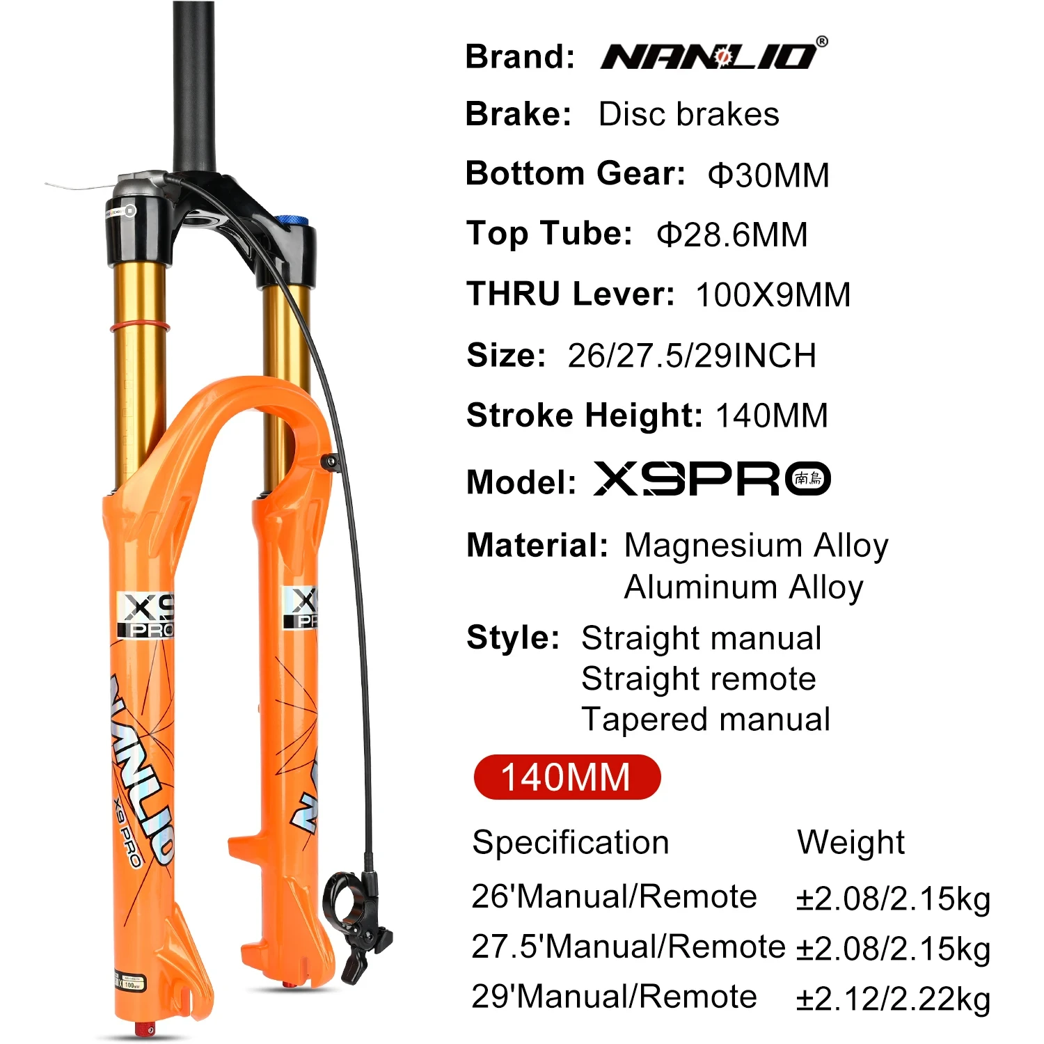 

Bicycle Suspension Fork Nanlio X9 PRO 34MM Orange Air Oil Gas forks 140mm Travel For 26 27.5 29" Inch Wheel With Metal Bushing