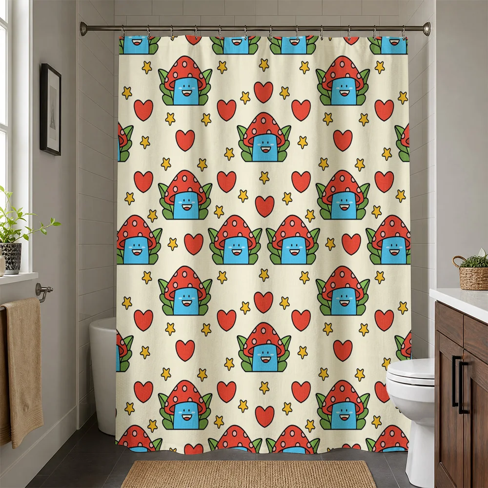 Adorable Cute Cartoon Ladybug Heart Pattern Shower Curtain Liner Waterproof Bathroom Decor Accessories Novel Shower Curtain for