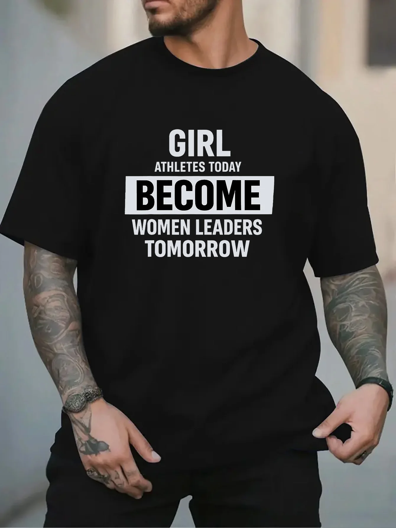 Men White Crew Neck Tee Centered Sports Feminism Text Girl Athletes Today Become Women Leaders Tomorrow Casual Cotton Tops