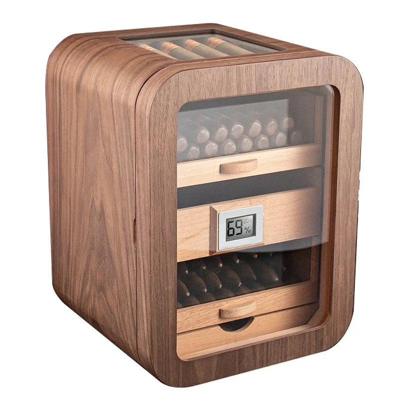 

Cigar Moisturizing Cabinet Cedar Wood Three-layer Large Capacity Perspective Window Black Walnut Wood Grain Cigar Alcoholizing