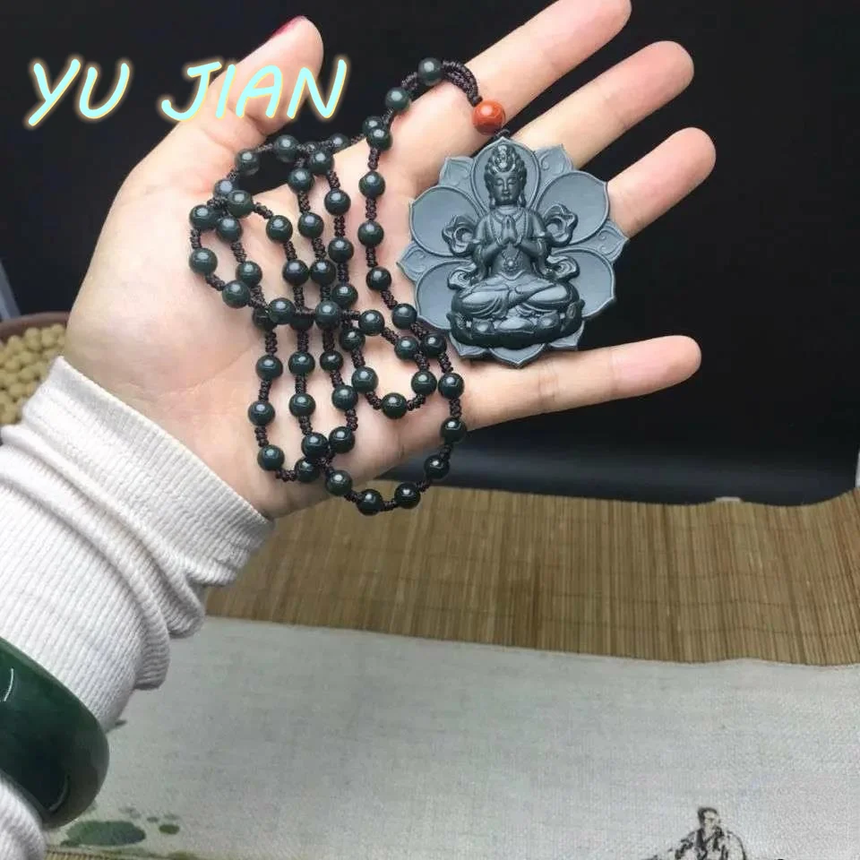 

Brand New Hetian Jade Natural Cyan Lotus Guanyin Pendant Hand Carved Women Men Fashion Necklace With Charm Jewelry Chain Gift