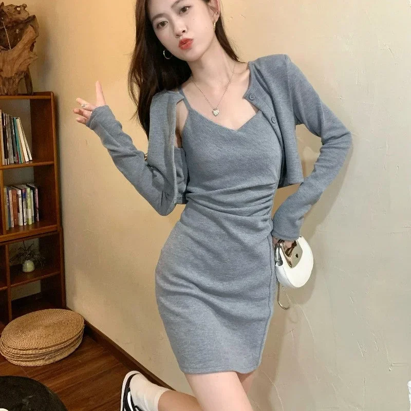 Gray Dress Sexy Mini Short 2 Pieces Sets for Women Mature Woman Outfit Night Club Commuting Long Sleeve Slim Fit New in The Same