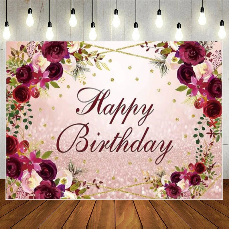 

Floral Happy Birthday Party Background Rose Gold Glitter Photography Backdrop Women Lady Girl 16th 30th 40th 50th 60th Supplies