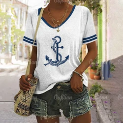 Women's T Shirt Casual Short Sleeve Anchor Pattern Print T-Shirt Street Fashion V-Neck Pullover Female Oversized Clothing 5XL