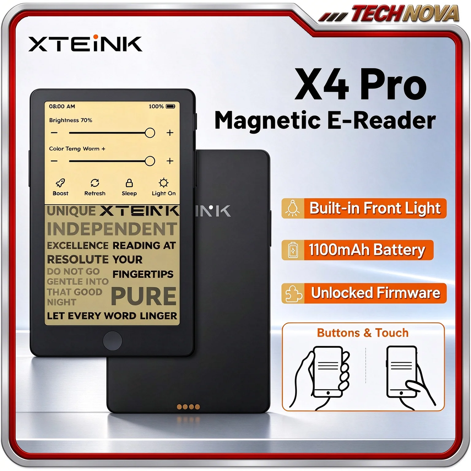 XTEINK X4 Pro 4.3 Inches Magnetic Mini E-Reader Touchscreen Front Light Pocket Reading Device E-Ink for Night Reading Commute
