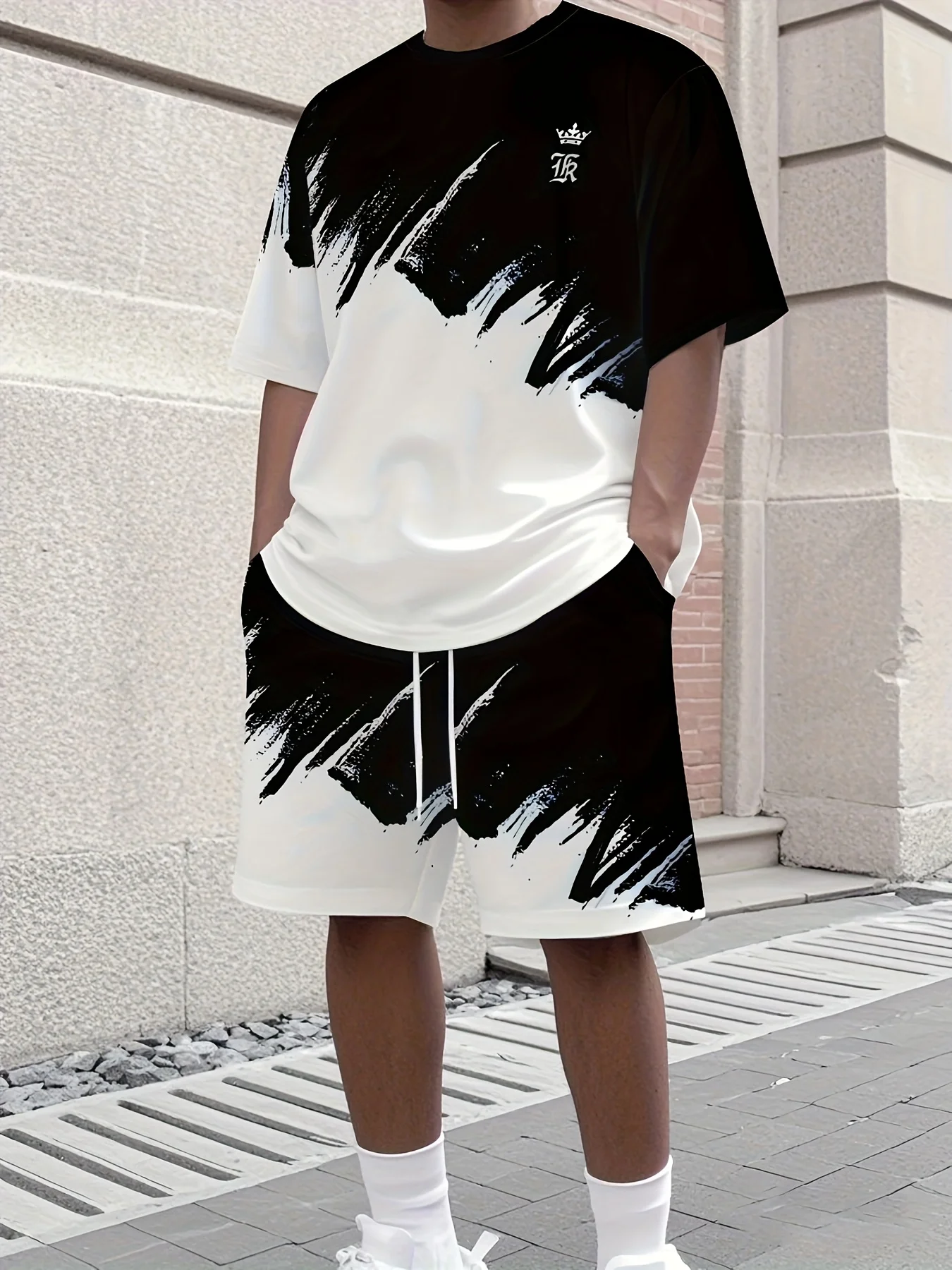 

2025 Summer New Street casual Fashion 3D Black and white gradient printed soft comfortable and breathable men's set