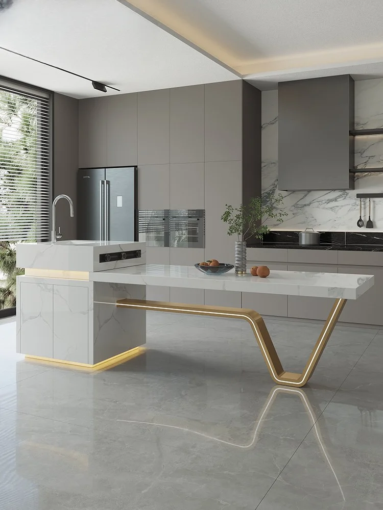 Luxury high-end island dining table with integrated lighting, kitchen, living room, multifunctional storage center guide