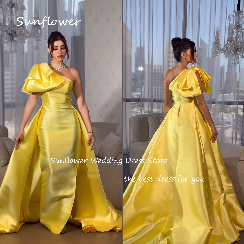 Sunflower Simple Yellow Bow One-Shoulder Satin Prom dress 2024 Slim Backless Floor-Length Evening Dress Mermaid Party Dress